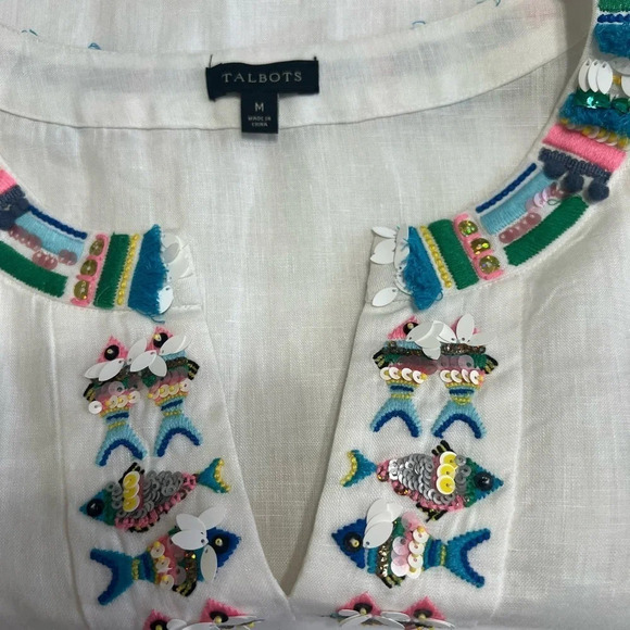 Talbots 100% Linen White Embroidered Fish  Shirt Bell Sleeves Size M - Picture 5 of 13